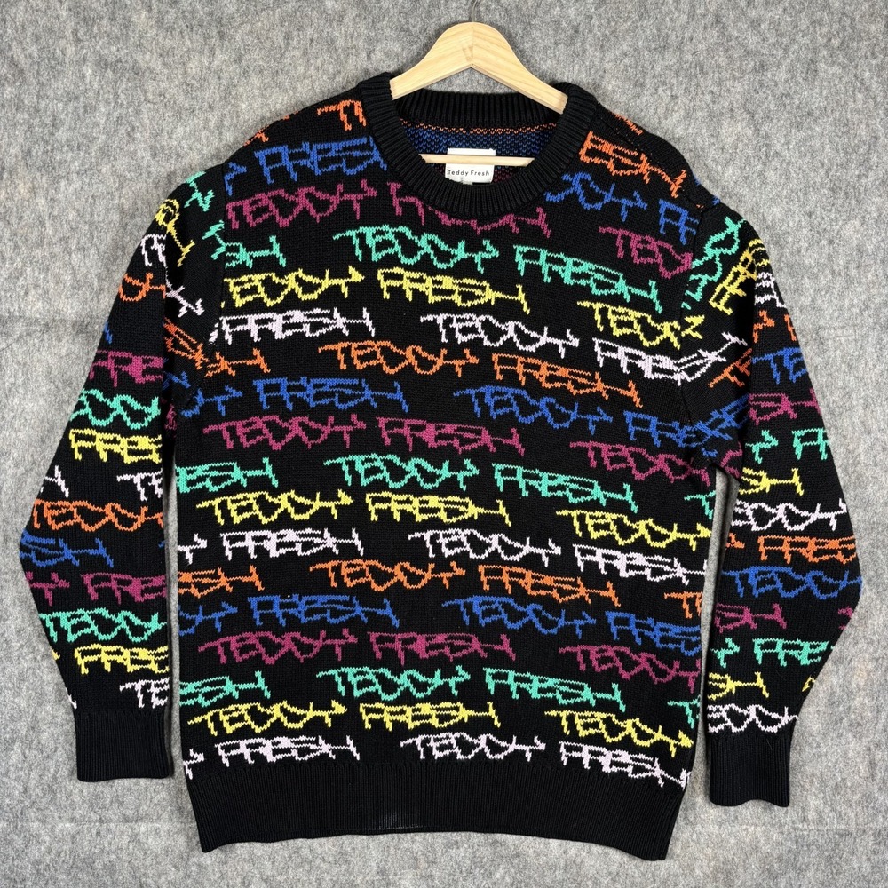 Teddy Fresh Sweater Men's Large 100% Cotton Black Multicolor Knit‎ Streetwear